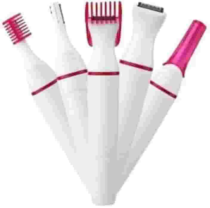 Barbeador Elétrico Feminino Portátil, Rosa e Branco, 3 Lâminas em Aço Inoxidável, Bateria Recarregável, com Pentes e Acessórios para Depilação Corporal e Cuidados Íntimos