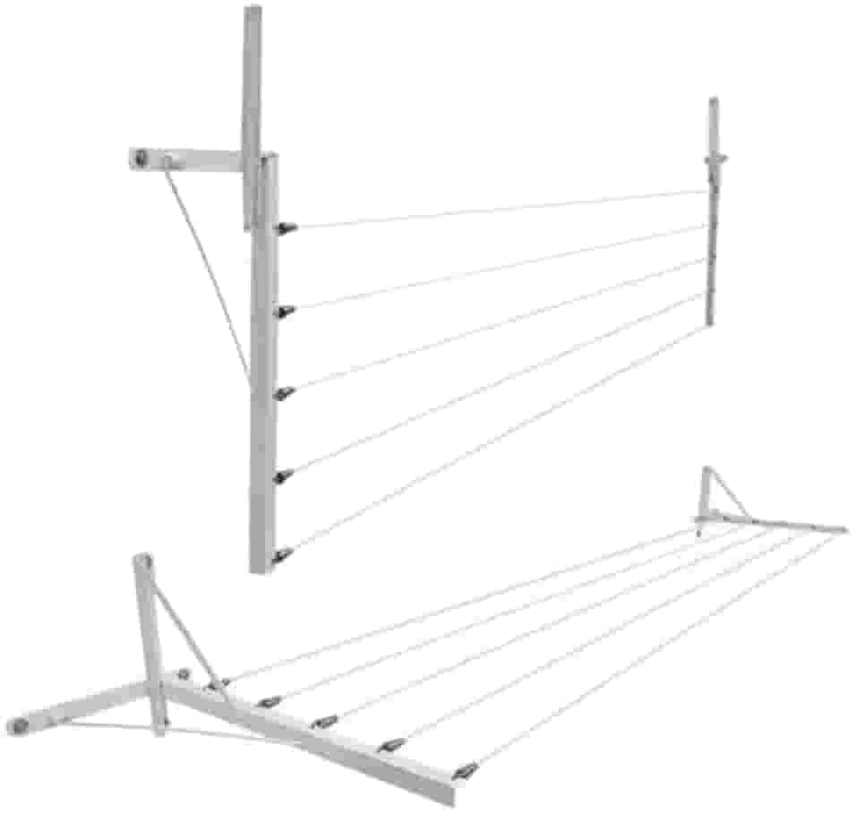 Varal de parede/muro dobrável, fabricado em 100% alumínio com mão francesa em aço, 5 cordas para estender roupas. Cor Branco, resistente e prático, ideal para otimizar espaço em áreas externas.