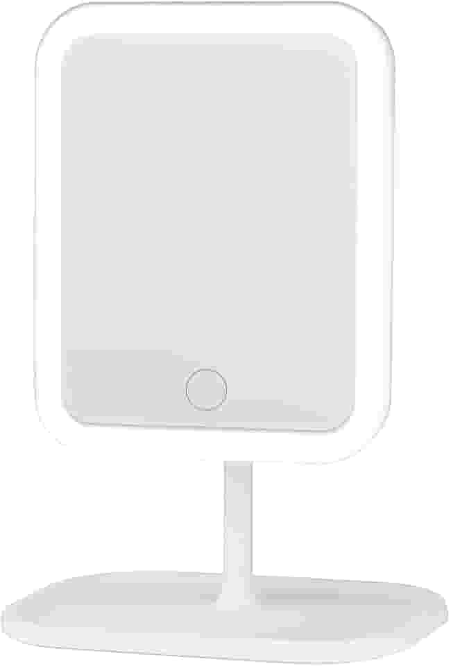 Espelho de Mesa Recarregável com Luz de LED 3 Tons Ângulo Ajustável Base Porta Objetos para Maquiagem e Beleza