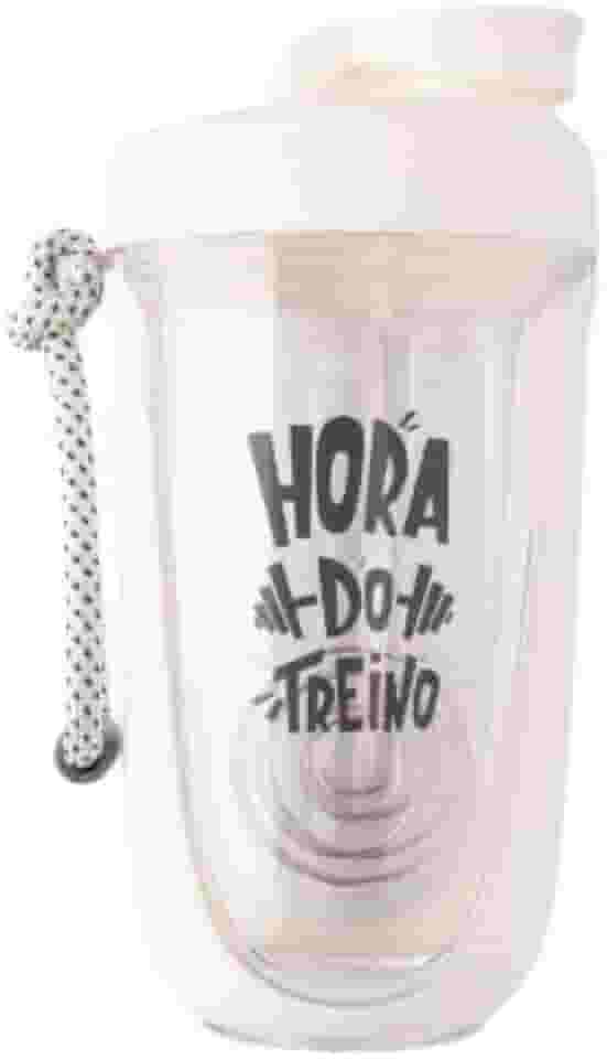 Coqueteleira Shakeira Whey para Academia e Treino com Misturador e Alça Esfera Mola Frase Hora do Treino 550 Ml (Branco)