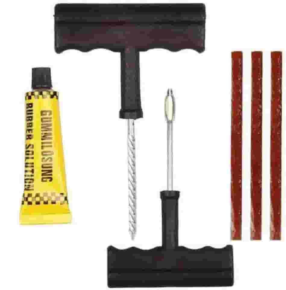 Kit Reparo de Pneus para Carro e Moto – Escariador de Ferro com Punho Plástico + 3 Macarrões Reparo Rápido + Aplicador