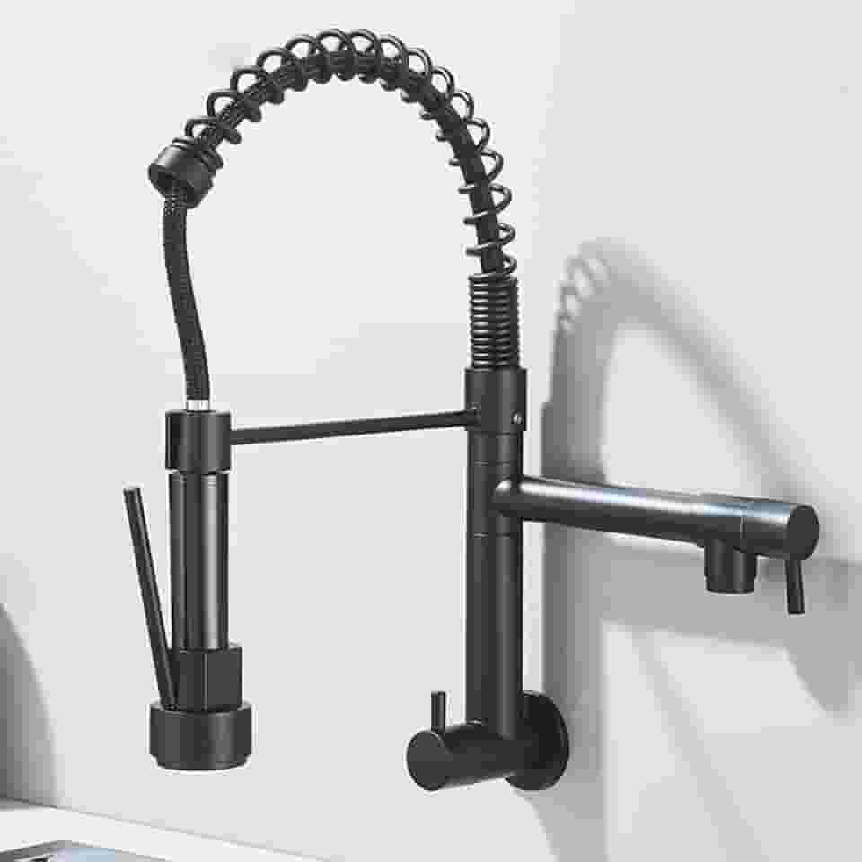 TINICO Torneira de Cozinha Gourmet,Aço Inoxidável Água Fria Única Com Misturador de Extraível,Bicos Duplos Torneira de Parede,Rotação 360,Preto