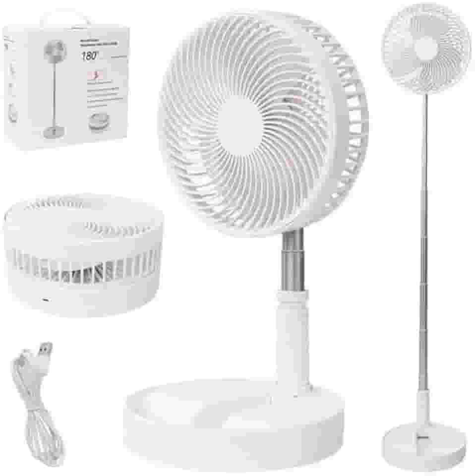 Ventilador de Pé Retrátil 2 em 1 com Bateria 7200mAh, Portátil, 4 Velocidades, Altura Ajustável 97.4cm, Branco, Liga de Alumínio e ABS