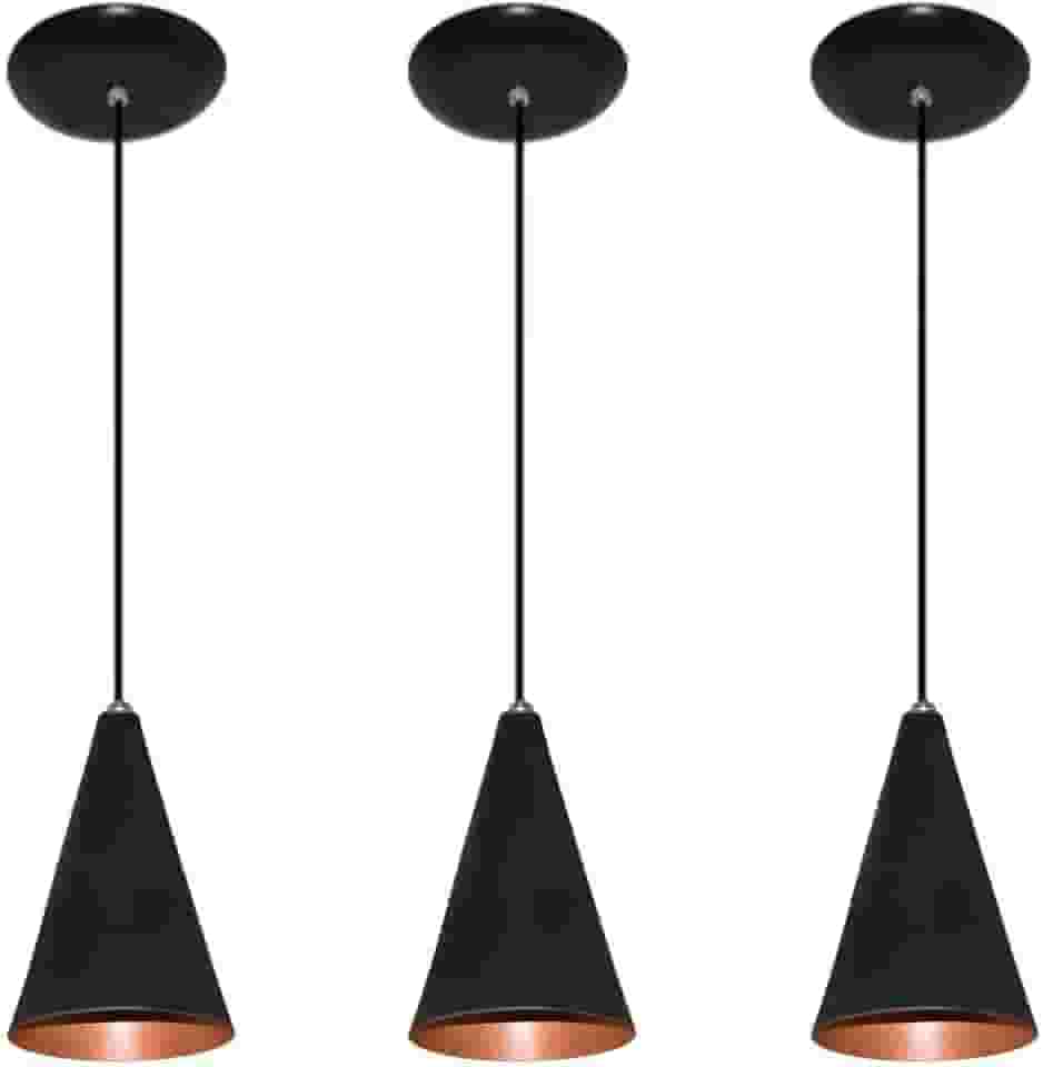 Kit 03 pendentes de aluminio modelo cone - ideal para balcao cozinha americana, bancada (Preto com Cobre)