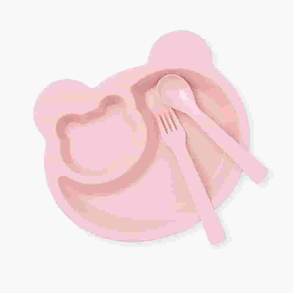 Kit Introdução Alimentar Bebê 3 Peças em Fibra de Trigo Prato Ursinho com Colher e Garfo Antiderrapante (ROSA)