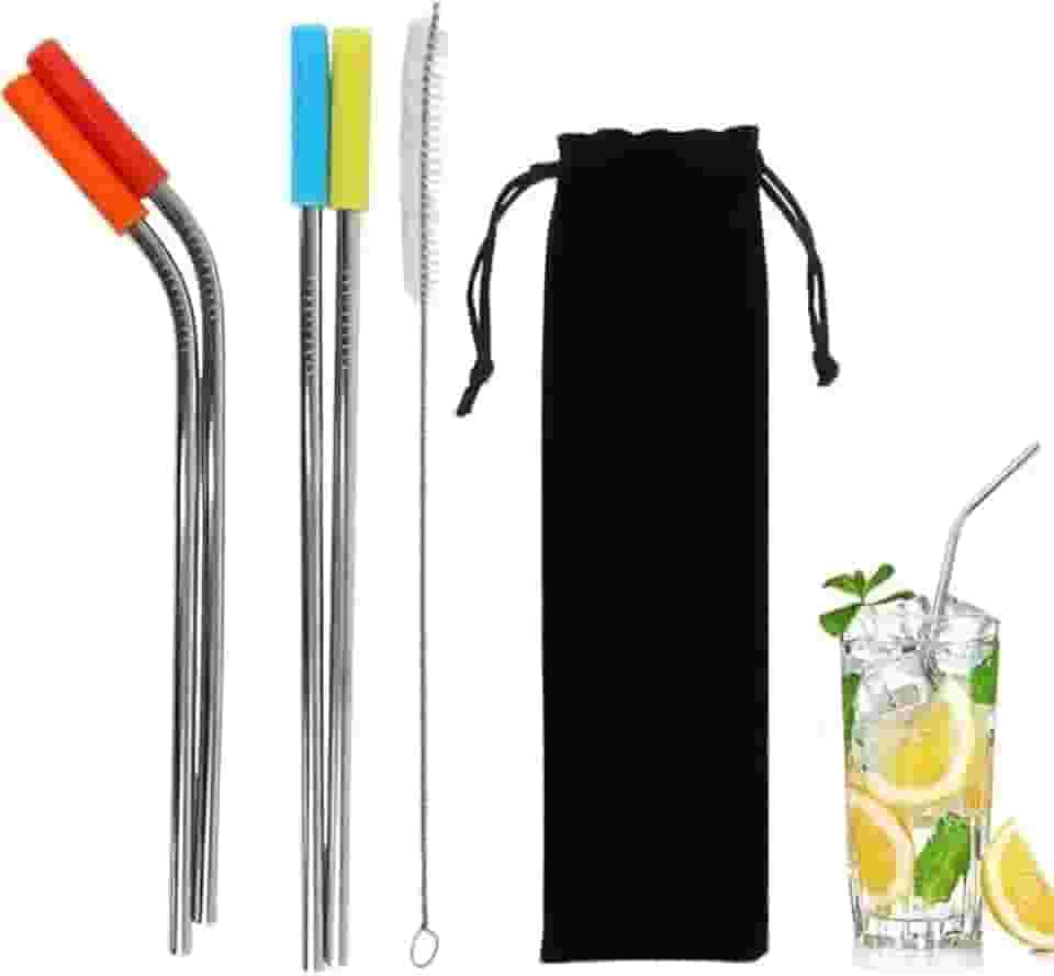 Kit De Canudos Em Inox 5 Peças Com Escova Para Limpeza 23cm, Com 2 Canudos Curvo E 2 Canudos Reto, 1 Estojo Higiênico, Ecológico E Reutilizável.