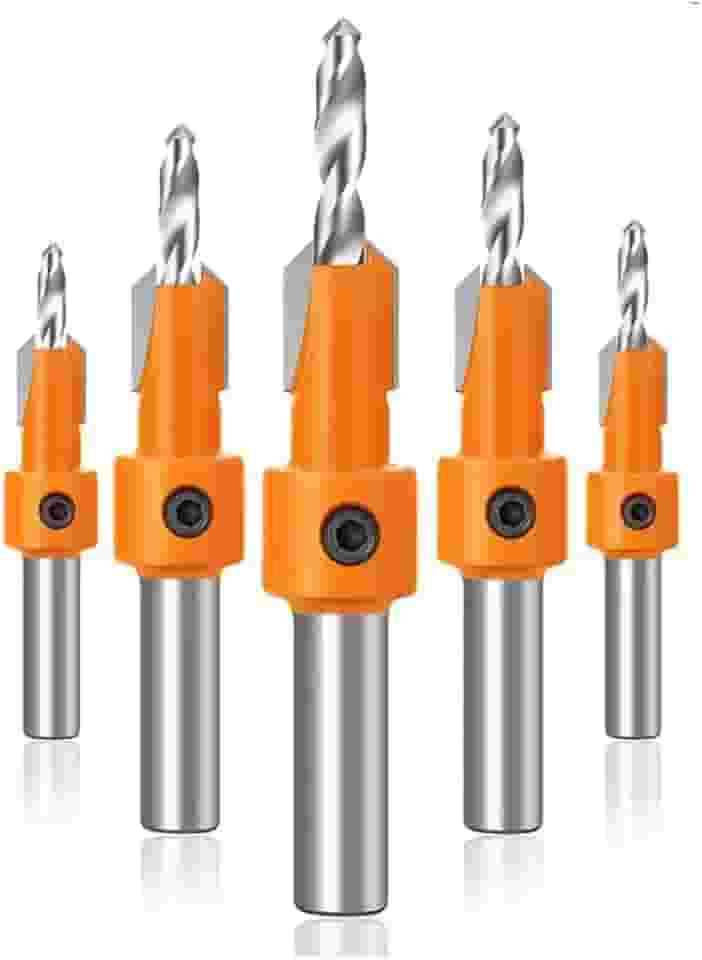 Kit de Brocas Escareadoras com Limitador, 5 Peças, Haste Hexagonal 8mm, para Madeira e MDF, com Chave Allen, Profundidade Ajustável até 14mm