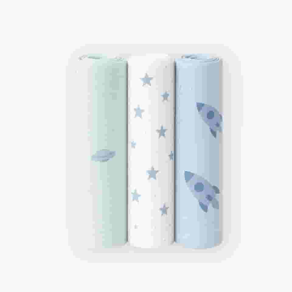 Kit 3 Cueiros Flanelados Dupla Face 100% Algodão – Estampados, Macios, Confortáveis p/Bebê, 80x50cm (Azul/Branco)