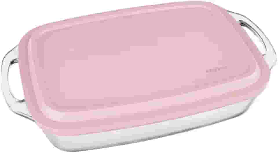 Assadeira Lasanheira Seletta Marinex Seletta Retangular com Alça e Tampa Rosa 3,5L – Vidro Temperado Nadir