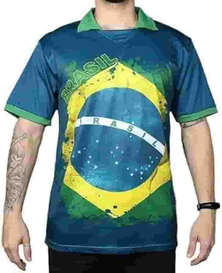 Camisa Polo Azul Bandeira Brasil Copa do Mundo Futebol TAMANHO M