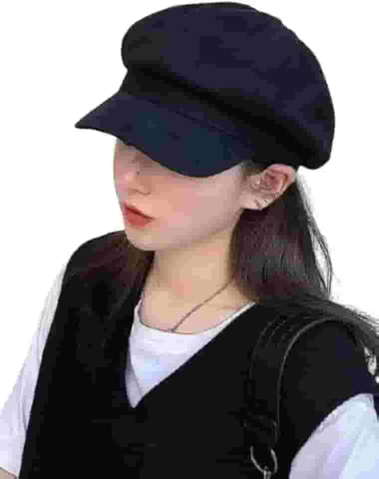 Boina Feminina Europeia de Feltro, Preta, Estilo Clássico 8 Gomos