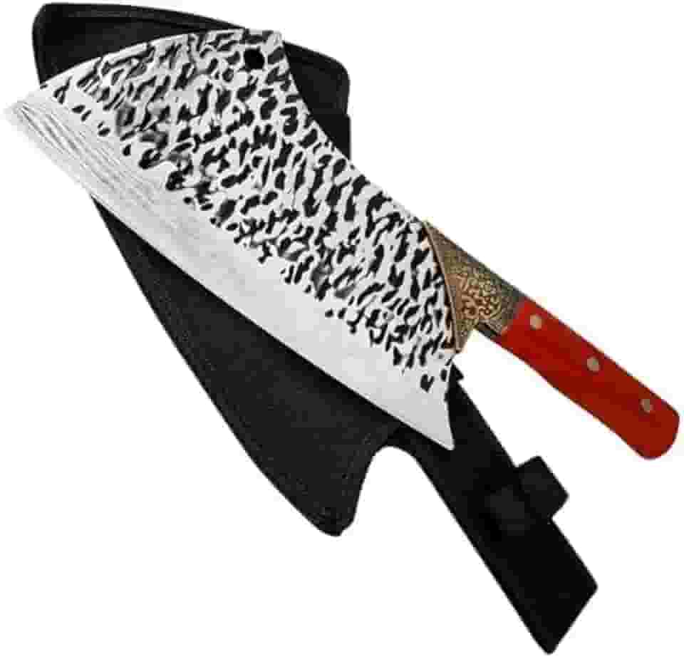 Faca Artesanal Damasco, Lâmina em Aço Inox 16cm, Cabo em Madeira, 28cm Total, com Bainha de Pano, para Pesca, Camping, Caça e Tático