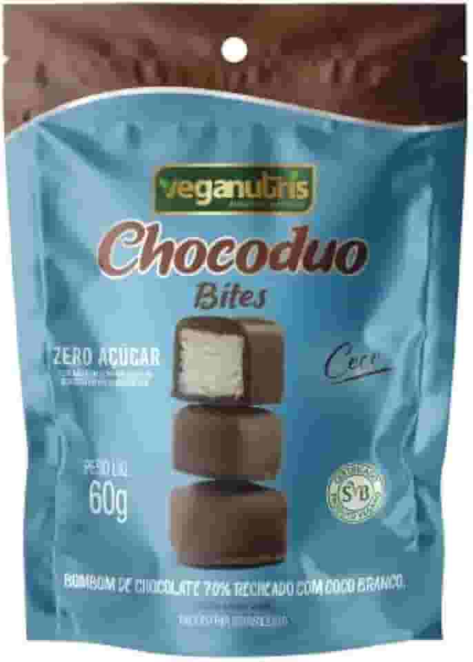 BOMBOM VEGANO DE CHOCOLATE 70% CACAU RECHEADO COM COCO BRANCO CHOCODUO VEGANUTRIS 60G