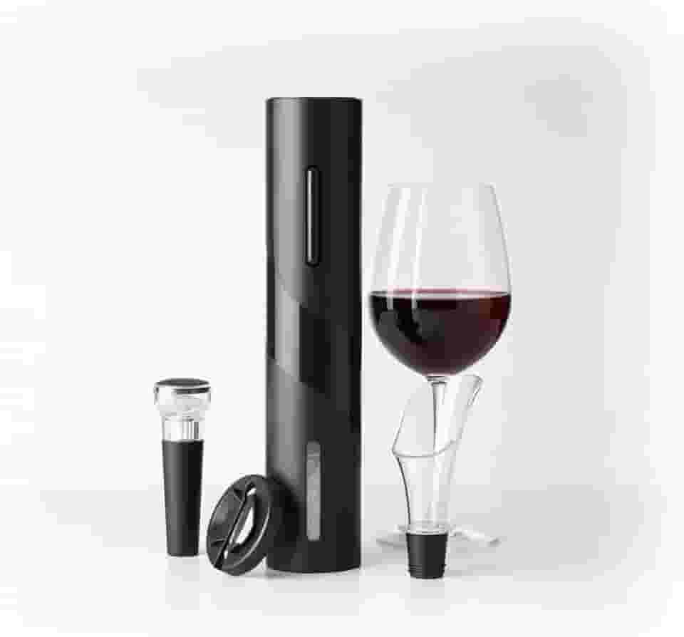 Kit Abridor de Vinho Elétrico Automático com Cortador de Lacre, Aerador e Tampa a Vácuo - Praticidade e elegância na hora de apreciar seu vinho - cor Preto