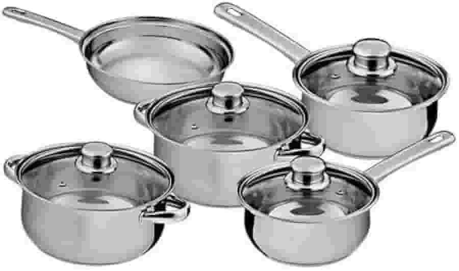 Conjunto de Panelas em Aço Inox 5 Peças com Tampas de Vidro Temperado – Panelas, Caçarolas e Frigideira com Design Moderno, Resistente e Sofisticado, Ideal para uma Cozinha Prática e Elegante.