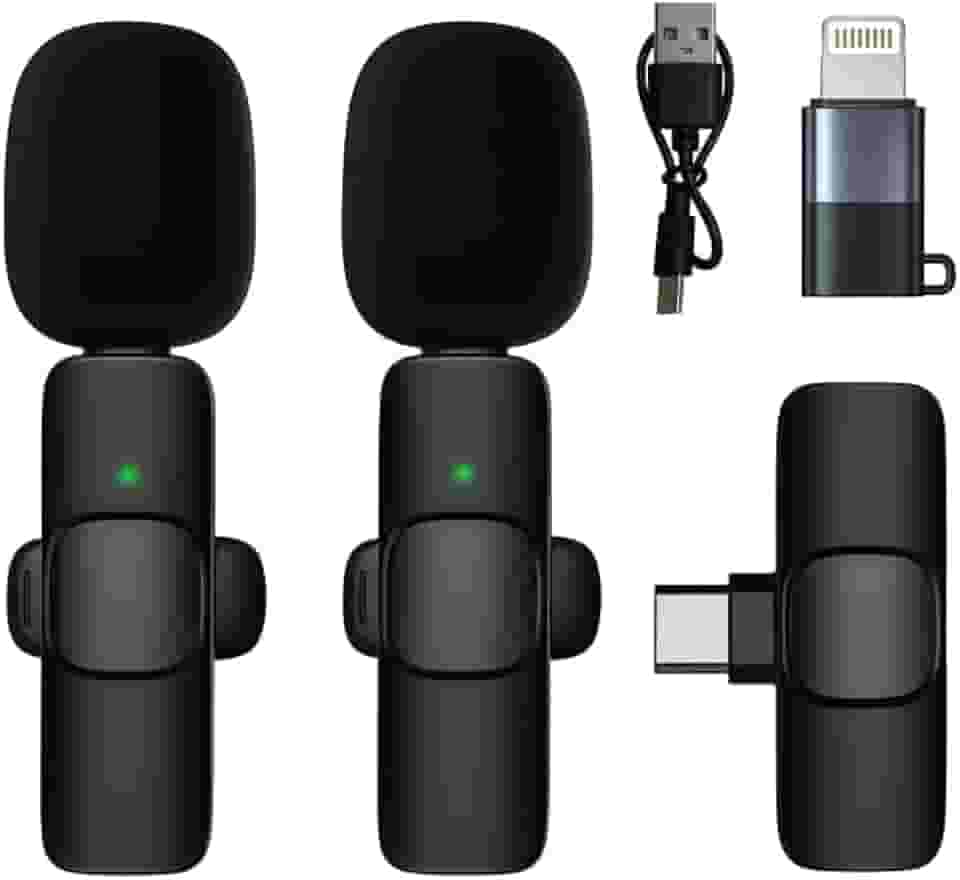 Microfone De Lapela Profissional Kit Com 2 Microfones Adaptador Para Iphone e Receptor Cancelamento De Ruídos Compatível Com Celular, Câmera E PC Conexão Via Bluetooth Para Gravações