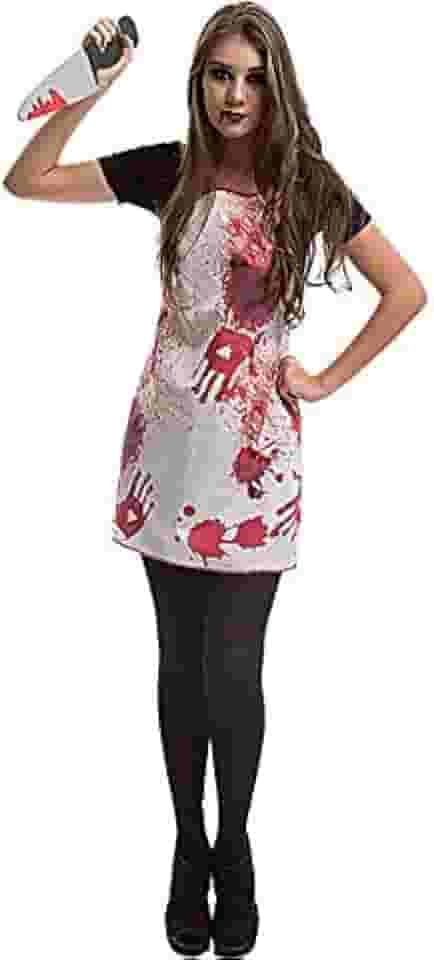 Fantasia de Halloween Adulto Feminina Açougueira Assassina Com Faca