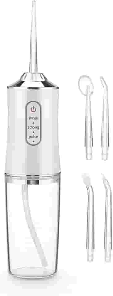 Irrigador Oral Portátil com 4 Pontas, Recarregável USB Higienizador Bivolt, Elétrico com 3 Modos, Reservatório de 230ML, Jato de Água Supersônico para Limpeza Profunda de Dentes, Gengivas e Aparelho Ortodôntico