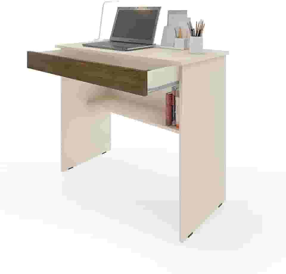 Escrivaninha/Mesa de Computador com 1 Gaveta e Prateleira Organizadora para Quarto ou Escritório de Estudo (Off/Canela)