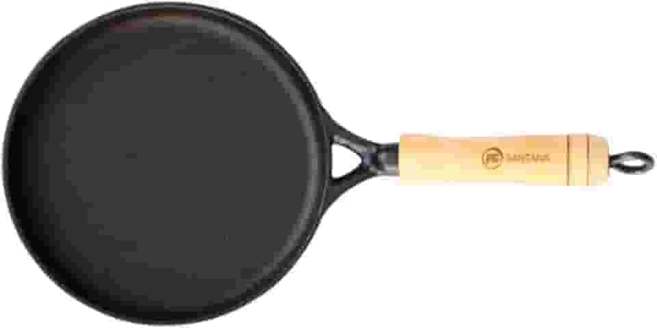 Tapioqueira de Ferro Fundido com Cabo de Madeira, Chapa Redonda Preta 18cm de Diâmetro