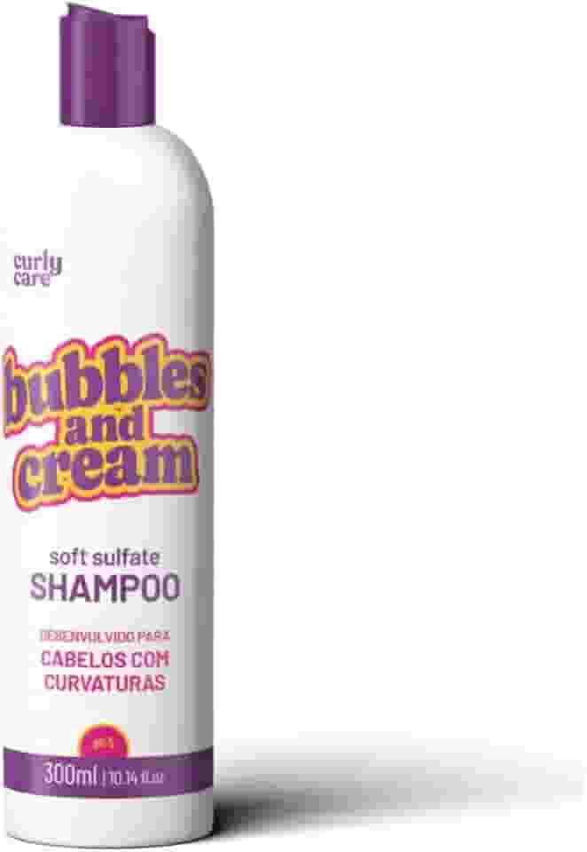 Curly Care Shampoo Bubbles and Cream, Sulfato Suave, 300ml, Groselha Negra e Manteiga de Coco, para Cabelos Cacheados Crespos e Ondulados, Roxo e Branco