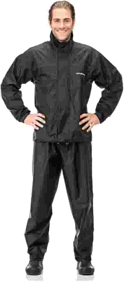 Capa de Chuva de Nylon com Gola PANTANEIRO 1000, Conjunto Impermeável para Motociclista, Preto, Jaqueta e Calça de Chuva com Faixa Refletiva, para Uso Externo