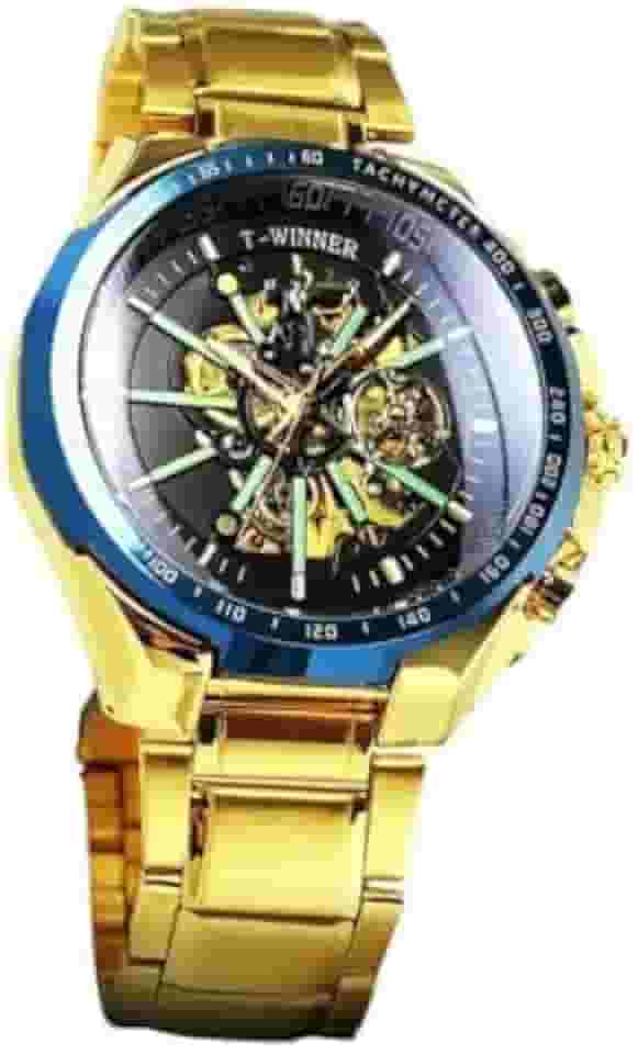 Relógio Masculino Automático "Vitorioso" em Aço Inoxidável Dourado com Detalhes Azuis – Luxo, Estilo e Precisão para Homens Modernos