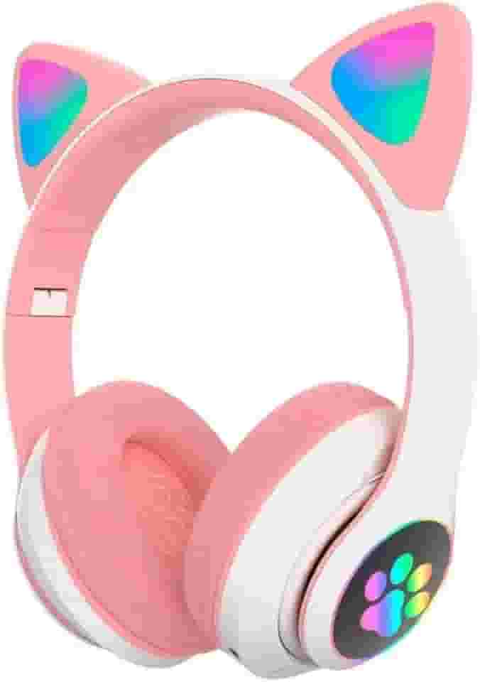 Fones de Ouvido Bluetooth sem Fio, Design de Orelhas de Gato, LED RGB, Microfone Embutido, Redução de Ruído, Rosa e Lilás (Rosa)
