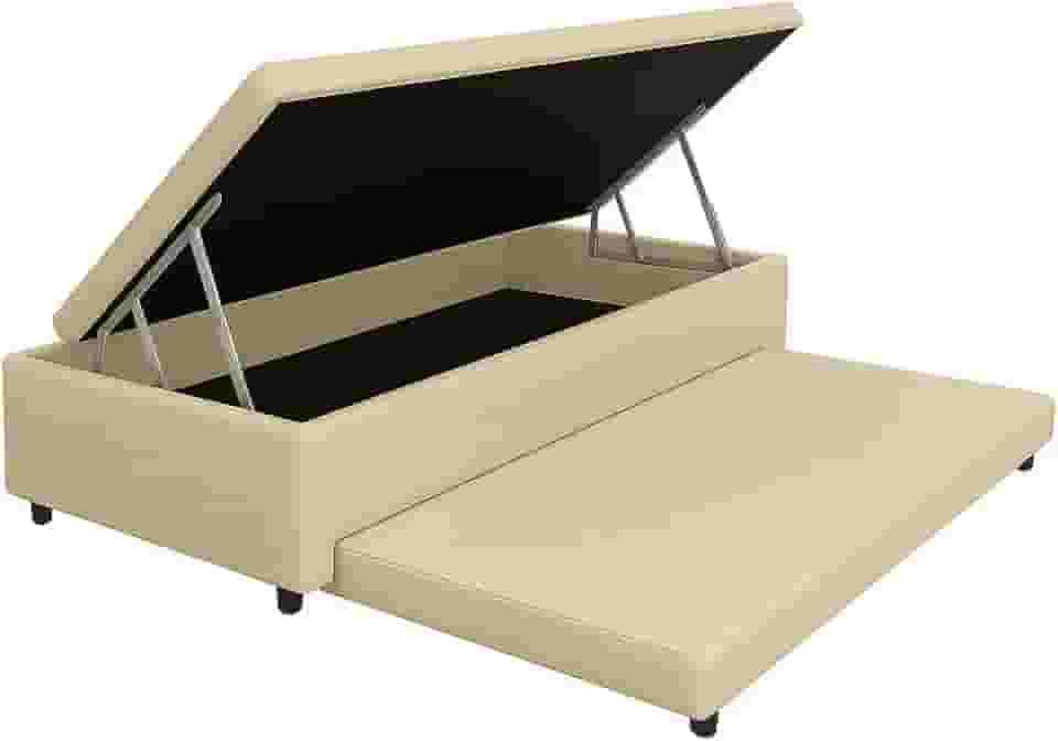 Cama Box Báu Solteiro C/Auxiliar com espuma de 6cm, Com Pistão a Gás, Suporta 200kg (Corino bege)