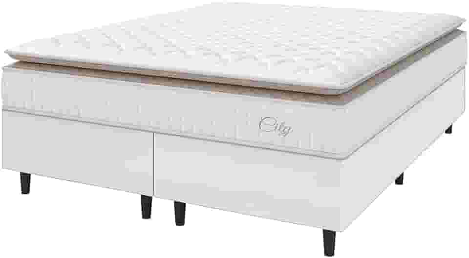 Cama Box Colchão Casal King Molas Ensacadas City Pillow Top 193x203x61cm Linho Branco/Bege Hellen - Suporta até 110kg por Pessoa