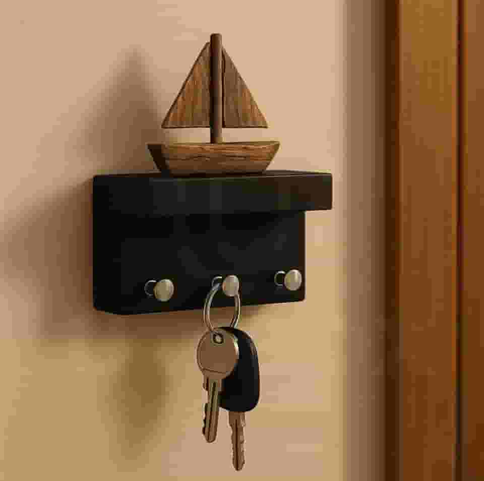 Porta Chaves De Parede com suporte para pendurar chaves e prateleira 3 pinos (preto)