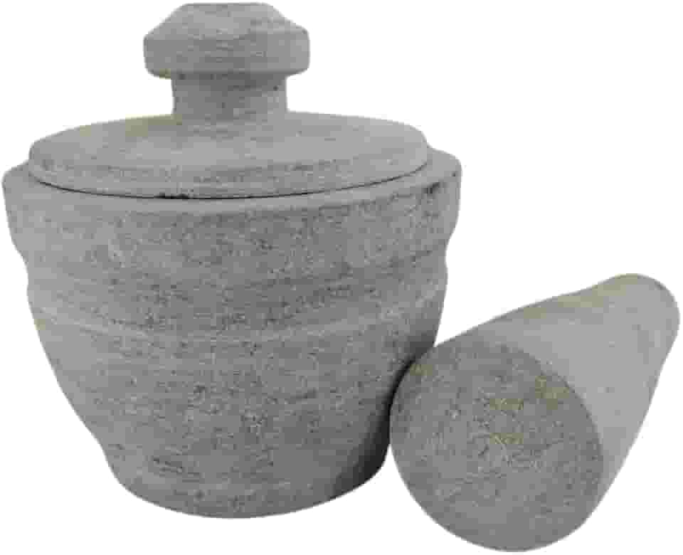 Pilão Em Pedra Sabão Para Alho Temperos Resistente Com Tampa