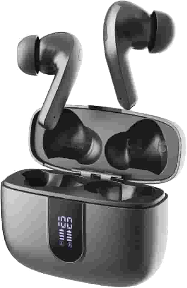 Fone de Ouvido Sem Fio Bluetooth, 40 Horas de Reprodução com Display LED, Estéreo Intra-Auricular Esportivo, IPX5 à Prova D'Água, Suporta chamadas de voz, adequadas para Android e IOS (Cinza)