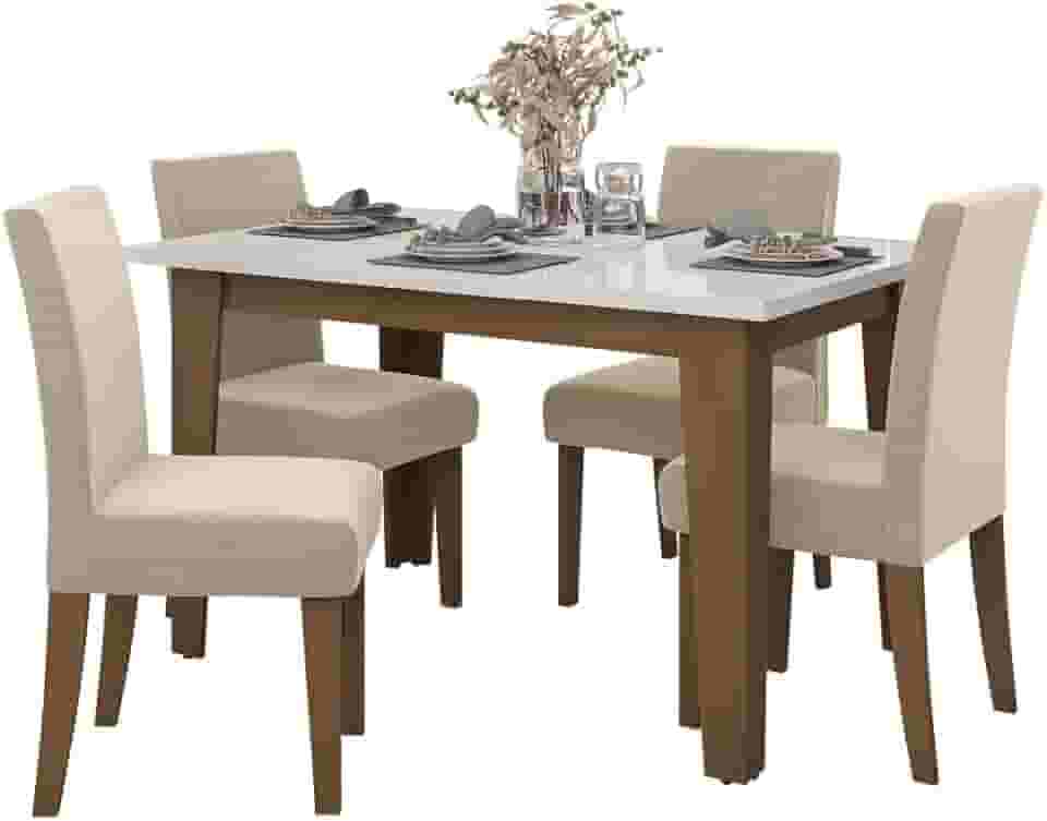 Conjunto de Mesa Sala de Jantar Miami com 4 Cadeiras Trieste Suede 1,20m Cedro/Off White/Areia Dobuê