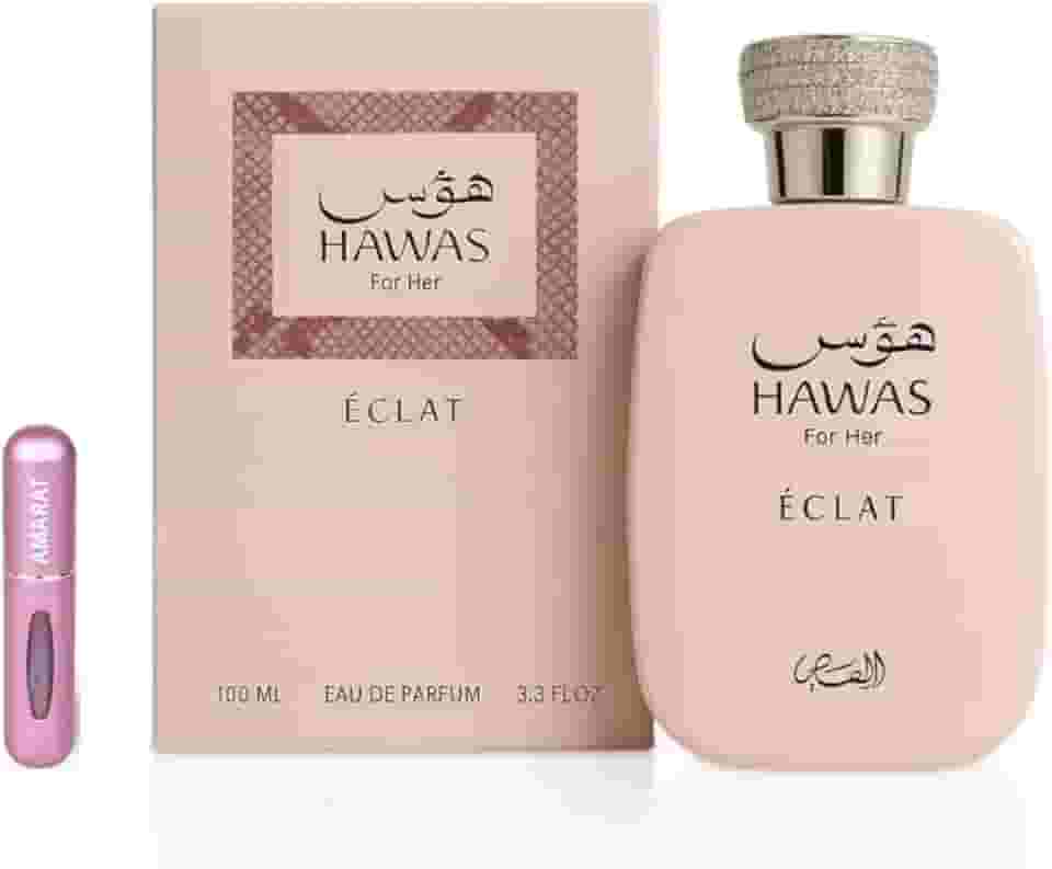 Perfume Hawas Éclat Eau de Parfum de 100 ml, perfume árabe para mulher de longa duração, inclui atomizador recarregável, fragrância feminina floral e luminoso, com notas de líchia, rosa e incenso