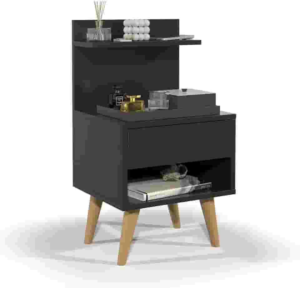 Mesa de Cabeceira Modelo Sleep com Gaveta e Pés Palito (Preto)