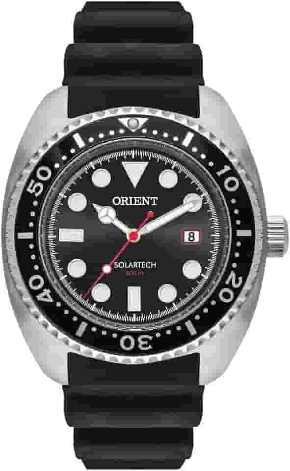 Relógio Orient Masculino Solar Tech 200M - MBSP1038/P1PX - Prata com Mostrador Preto e Pulseira de Silicone Preta