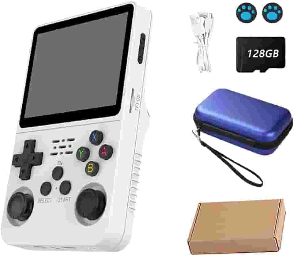 Console de video game portátil R36S Retro de 128 GB,r36s console portatil, mais de 39.000 jogos, Arkos 2.0, tela IPS de 3,5 polegadas,39.000+ jogos,cartão TF 128GB,reprodutor de vídeo de bolso(Branco)