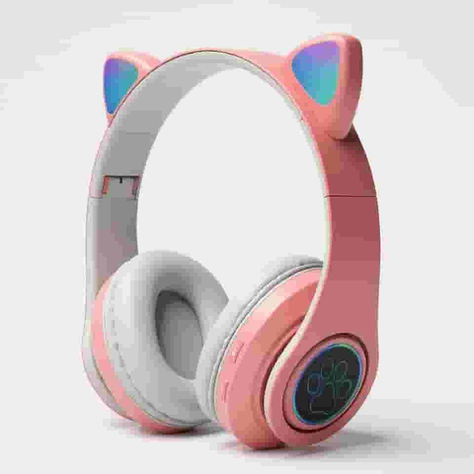 Fone de Ouvido Infantil Bluetooth com Orelhas de Gato, Luzes RGB, Dobrável, Ajustável, Conforto Prolongado e Conectividade Multiuso (Rosa)