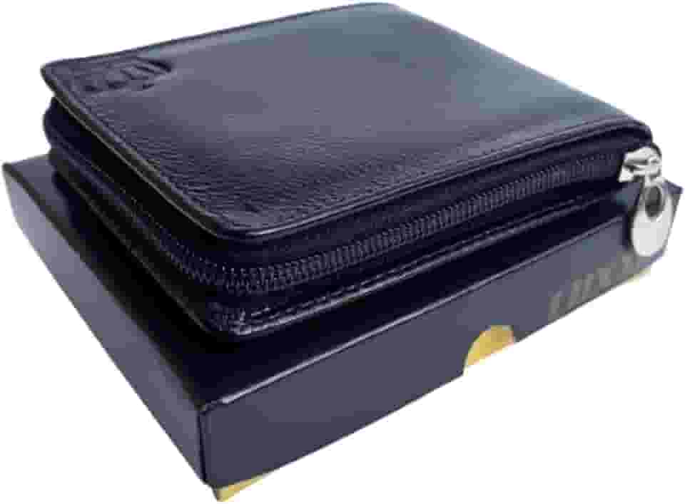 Carteira Masculina de Couro com Zíper Preta, Suporte para 6 Cartões e 6 Documentos, Tamanho 9 x 11,5 cm