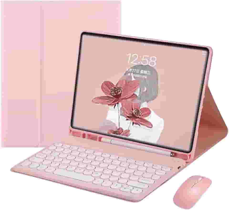 Estojo de teclado para iPad 9ª/8ª/7ª geração, teclado para iPad 10.2'' com mouse Teclado redondo bonito destacável com porta-lápis (iPad 9/iPad 8/iPad 7(10.2 inch), Rosa)