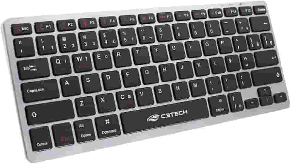 C3Tech, K-BT50BK, Teclado Bluetooth Recarregável, sem fio, compacto atalhos Multimidia Anti-Respingo bateria interna recarregavel com cabo USB tipo C, Preto