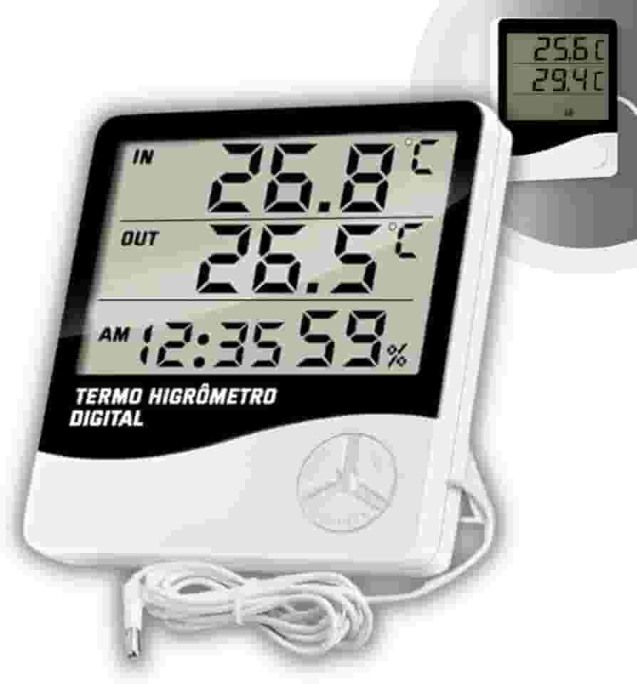 Termômetro e Higrômetro Digital com Sonda Externa, Modelo: HTC-2, Alta Precisão, Memória de Máx e Mín, Relógio Integrado, Display Fácil Leitura, Cabo 90cm, Freezer, Aquário - Qualidade Premium LNSTORE
