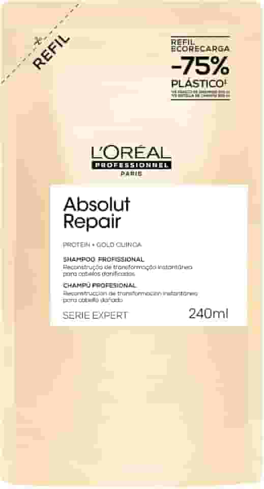 L'Oréal Professionnel Serie Expert Absolut Repair, Shampoo Reconstrutor para Cabelos Danificados e Finos Refil com Quinoa Dourada, Reparação Profunda e Brilho Intenso 240ml
