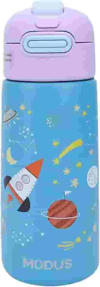 Garrafa Térmica Infantil - 500mL, Parede Dupla Livre de BPA, Anti Vazamento, com Canudo Silicone (Azul Espaço Sideral)