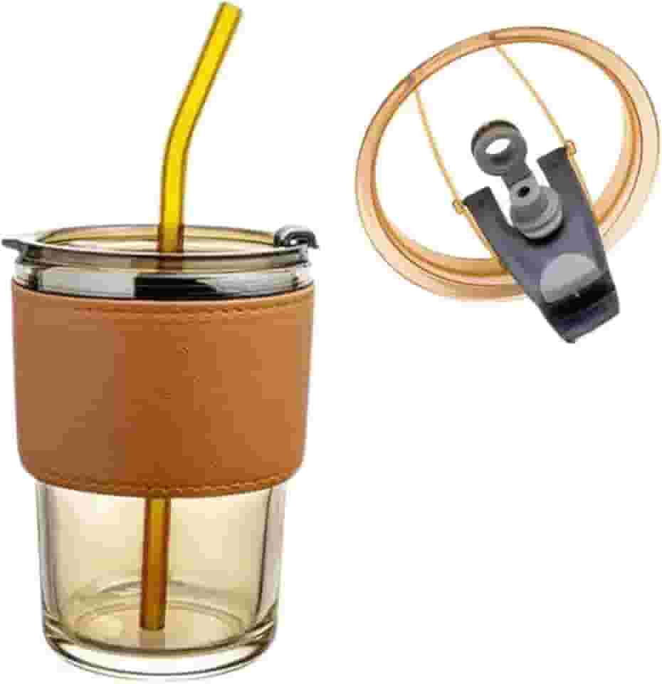 Copo De Vidro Com Canudo Tampa Hermética 450ML, Copo De Vidro Com Detalhe Em Couro, Canudo Reutilizável e Tampa Ideal para Chás Café Gelado Copo Premium (Dourado)
