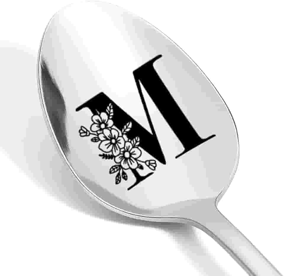 Colher gravada com letra M inicial para mulheres, meninas, monograma, presente para mãe, filha, avó, amiga, aniversário, Natal