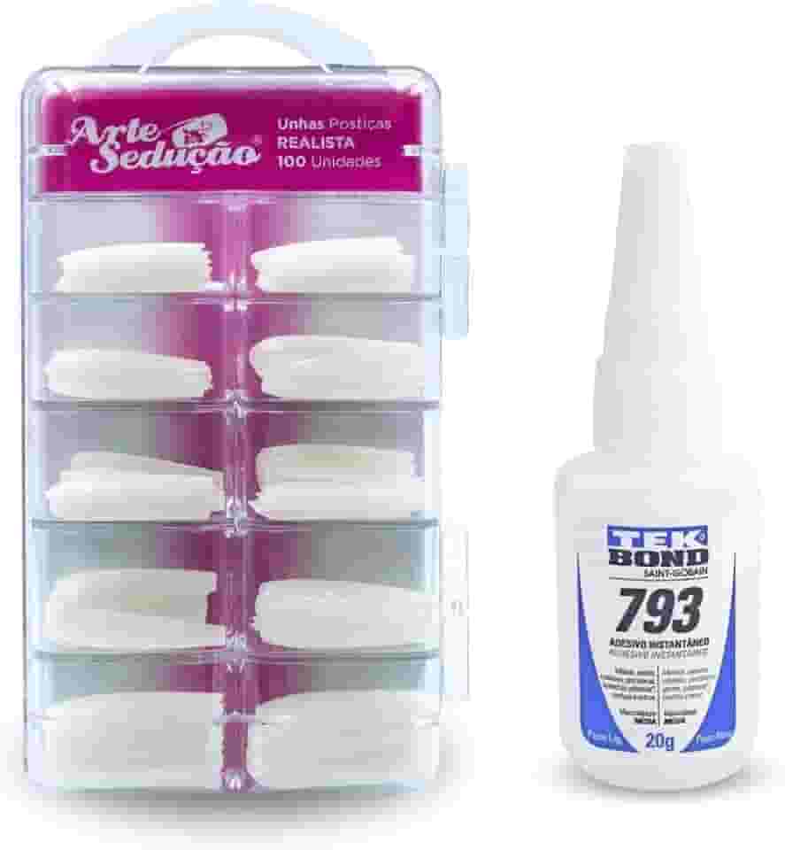 Kit 100 Unhas Postiça Realista + Super Cola TekBond 793 20g
