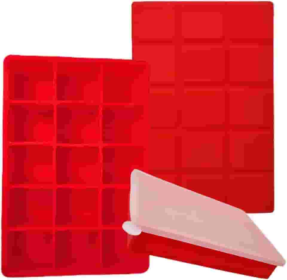 SYMEON Forma de Gelo Silicone Com Tampa Livre de BPA Flexivel 15 Cubos de 27ml Cada Prática Resistente e Reutilizável Forma Para Papinha Gelatina Frutas (FORMAGELO-VERMELHO)