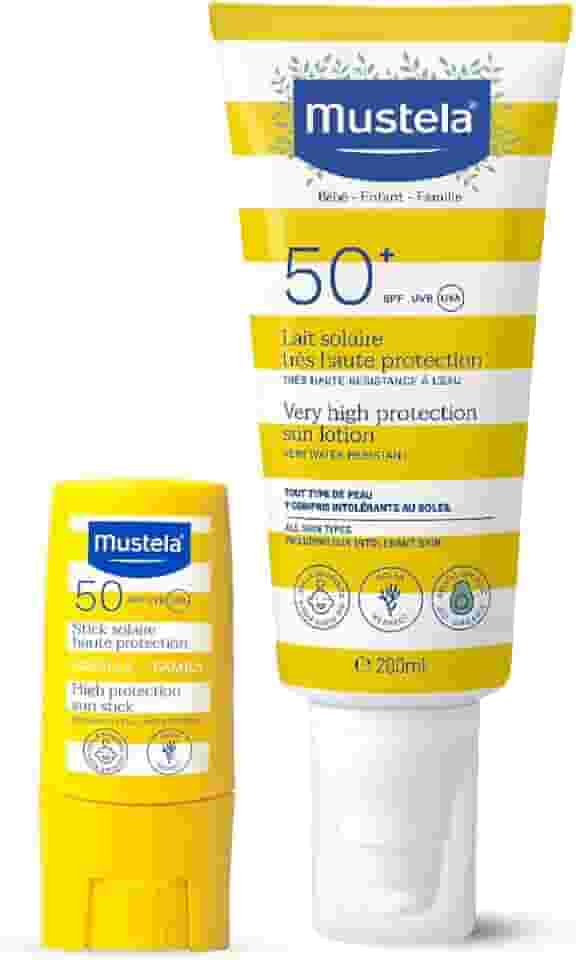 Mustela Combo Protetor Solar Stick FPS 50 8g Filtro Solar Facial em Bastão + Protetor Solar Infantil e Adulto Loção FPS 50+ 200 ml
